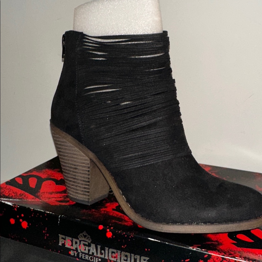 Fergalicous  “Wicket” Black Heeled Suede Fringe Boots New with Tags/box.